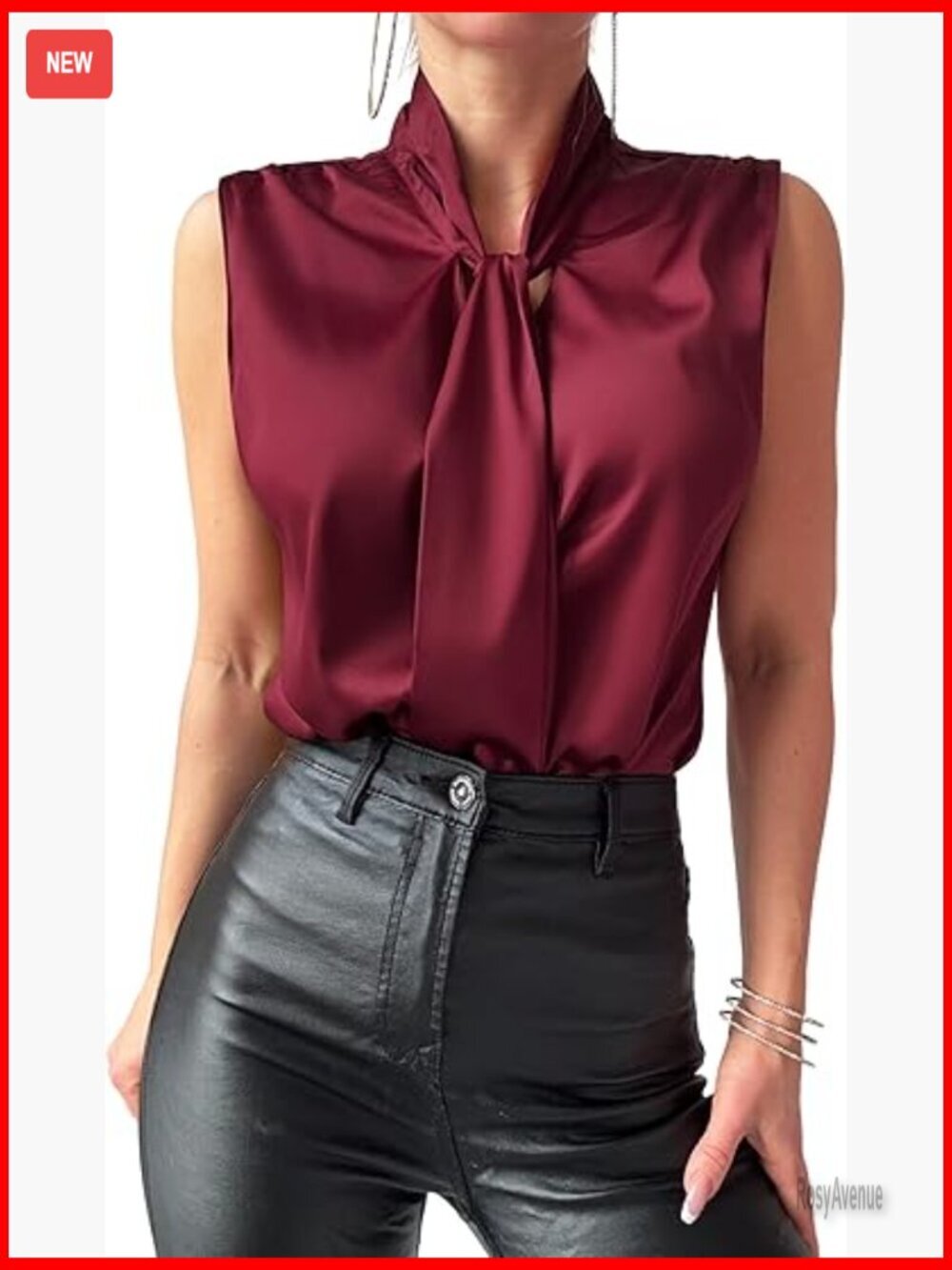 Satin Silk Mock Neck Bow Tie Knot Tank Top Blouse Summer Casual